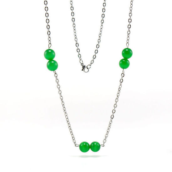 Picture of Long Green Bead Necklace Stainless Steel